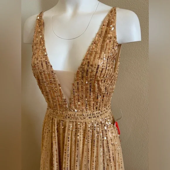 Mac Duggal 6 Sunset Sequin Plunge V Neck Gown NWT Flowy A Line Skirt - Picture 7 of 13